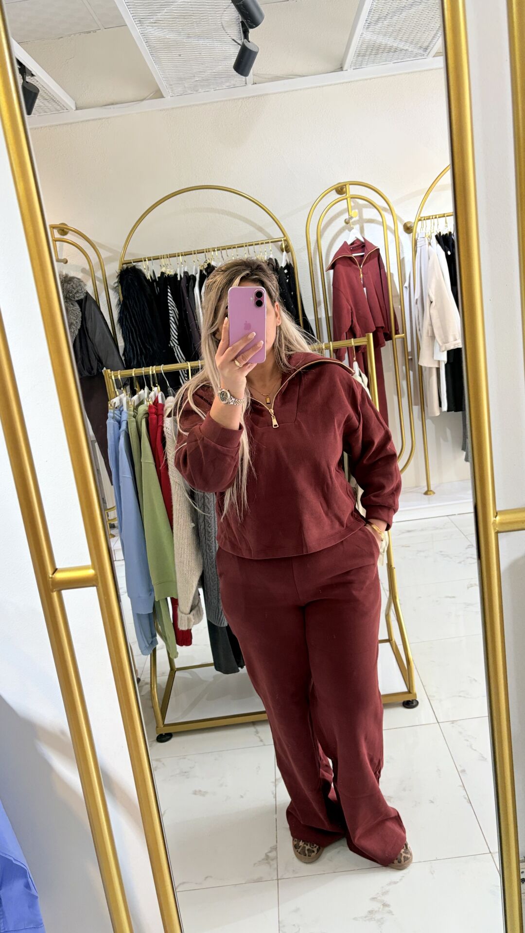 Bordo Fermuarlı Sweatshirt & Bol Paça Eşofman Takımı