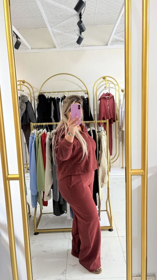 Bordo Fermuarlı Sweatshirt & Bol Paça Eşofman Takımı