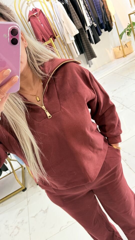 Bordo Fermuarlı Sweatshirt & Bol Paça Eşofman Takımı