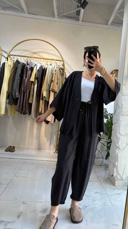 SİYAH TENSEL BLUZ PANTOLON TAKIM