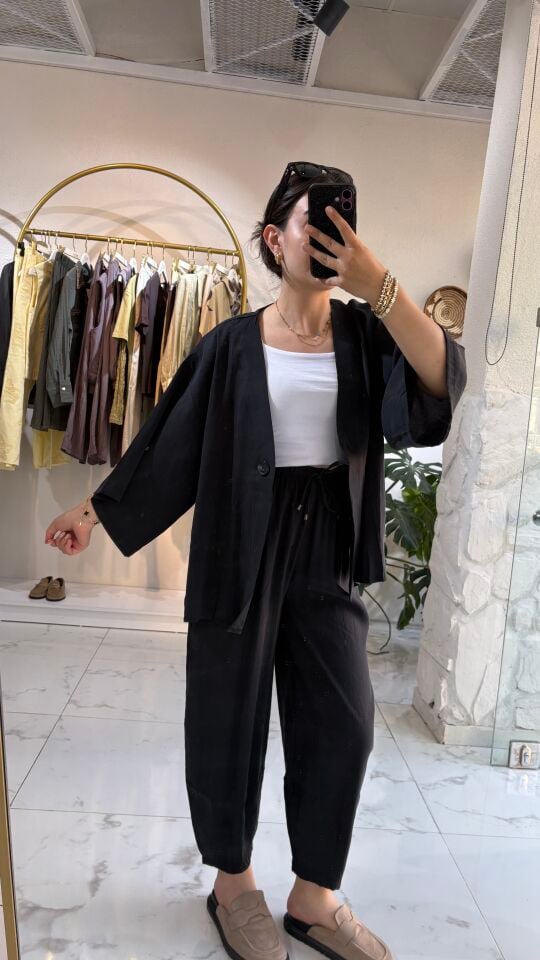 SİYAH TENSEL BLUZ PANTOLON TAKIM
