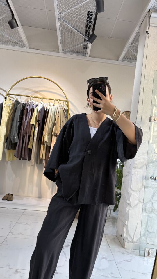 SİYAH TENSEL BLUZ PANTOLON TAKIM