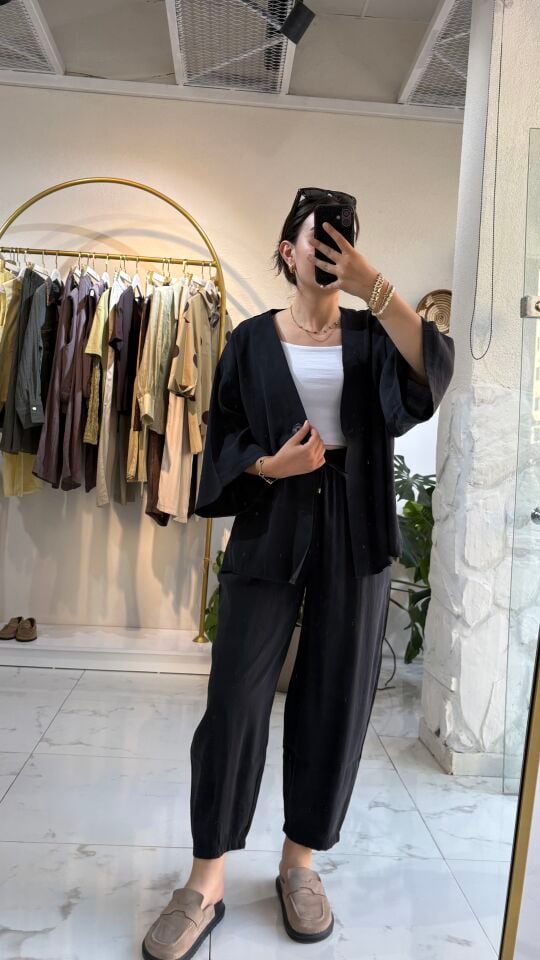 SİYAH TENSEL BLUZ PANTOLON TAKIM