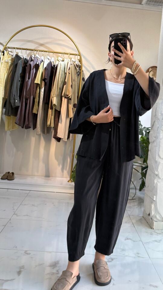 SİYAH TENSEL BLUZ PANTOLON TAKIM