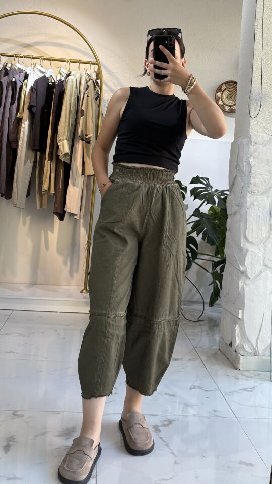 KETEN KOYU YEŞİL ŞALVAR MODEL PANTOLON