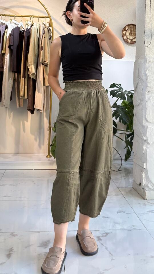KETEN KOYU YEŞİL ŞALVAR MODEL PANTOLON