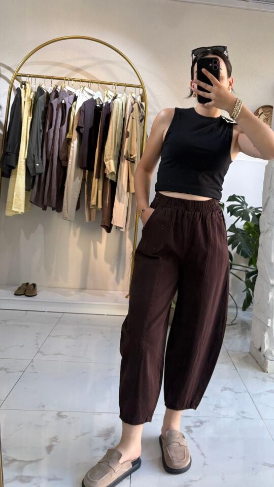 KETEN ACI KAHVE ŞALVAR MODEL PANTOLON