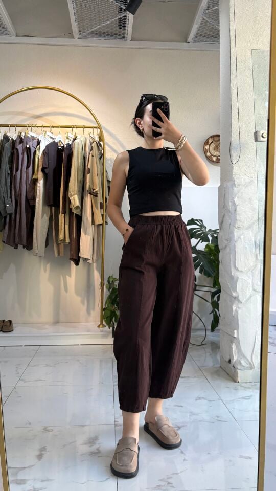 KETEN ACI KAHVE ŞALVAR MODEL PANTOLON