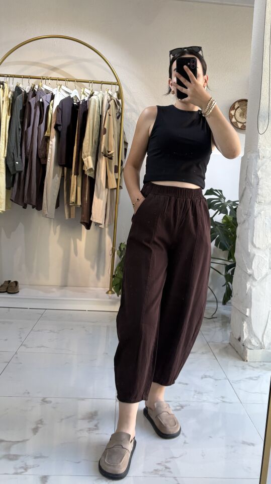 KETEN ACI KAHVE ŞALVAR MODEL PANTOLON