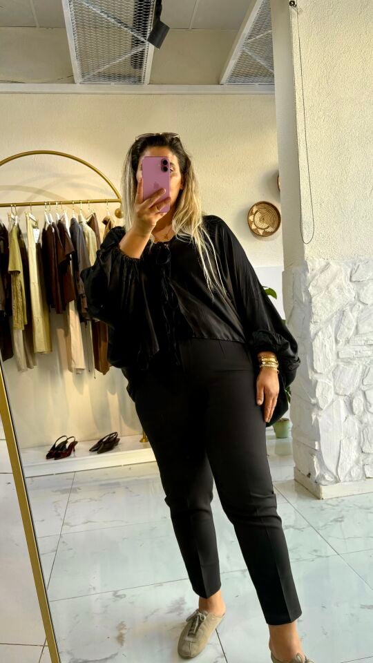 Balon Kol İp Bağlamalı Siyah Bluz & Atlet İkili Set