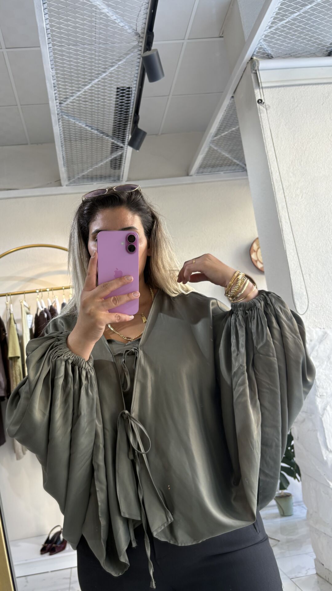 Balon Kol İp Bağlamalı Yeşil Bluz & Atlet İkili Set